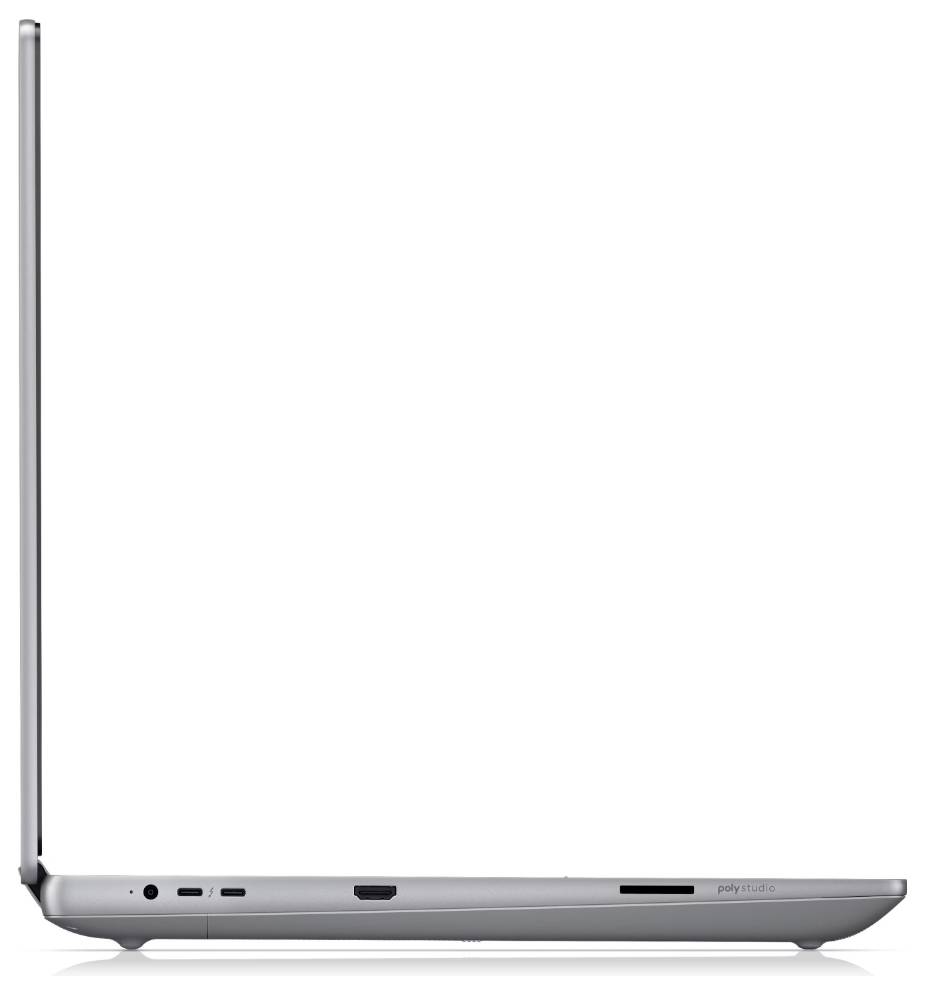 Ein seitlich geöffneter Laptop in Silber zeigt seine schlanke Bauweise und Anschlüsse, darunter USB und Kopfhöreranschluss.