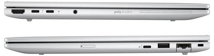 Zwei Ansichten eines silbernen Laptops von der Seite, mit Anschlüssen wie USB, HDMI und Ethernet. Oben ist die Marke 'poly studio' sichtbar.