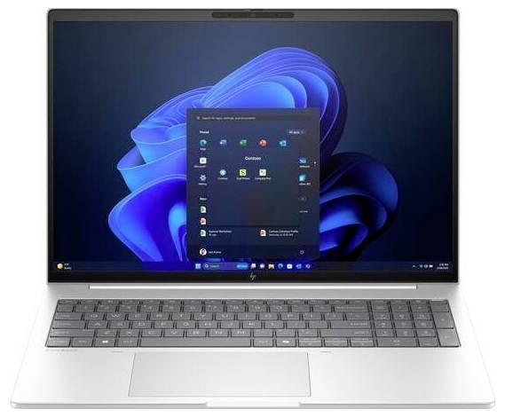 Ein geöffneter Laptop zeigt den Startbildschirm eines Betriebssystems mit mehreren Symbolen und einem blauen Hintergrund.