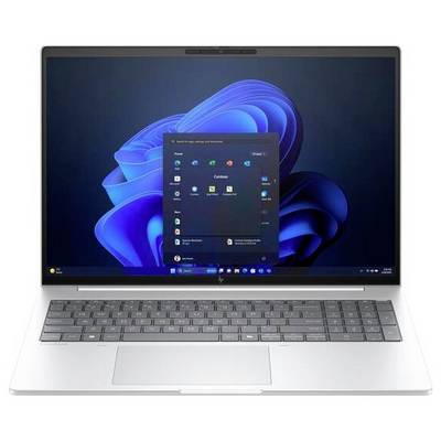 Ein geöffneter Laptop zeigt den Startbildschirm eines Betriebssystems mit mehreren Symbolen und einem blauen Hintergrund.