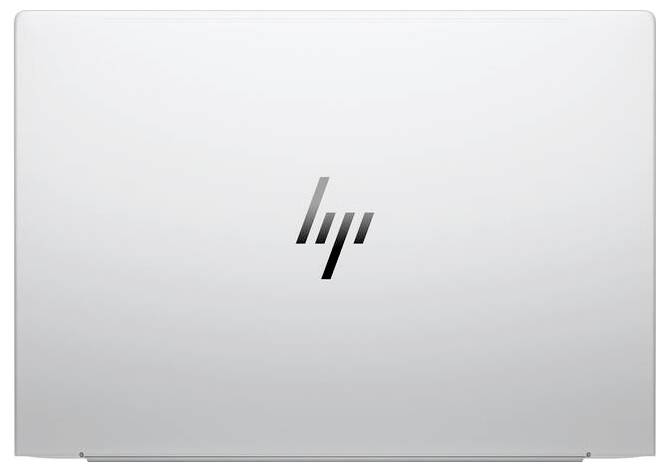 Ein silberner Laptop-Deckel mit einem stilisierten Logo in der Mitte.