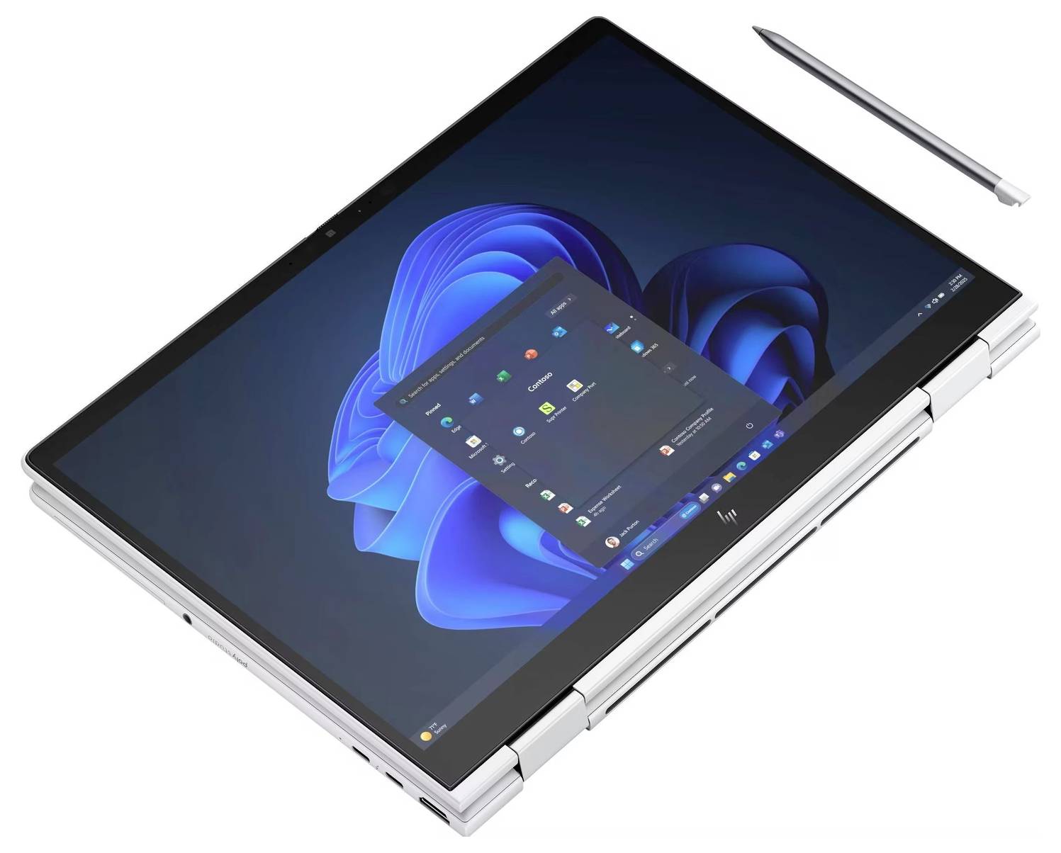 Ein Laptop im Tablet-Modus mit Windows-Betriebssystem auf dem Bildschirm, daneben liegt ein Stylus-Stift.