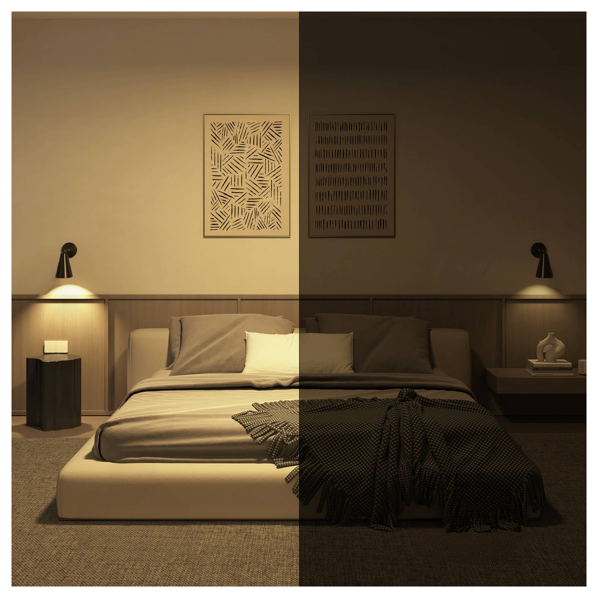 Ein Schlafzimmer mit gedämpftem Licht zeigt ein modernes Bett, dekorative Wandkunst, Nachttischlampen und eine Decke an der Seite, die eine gemütliche Atmosphäre schafft.