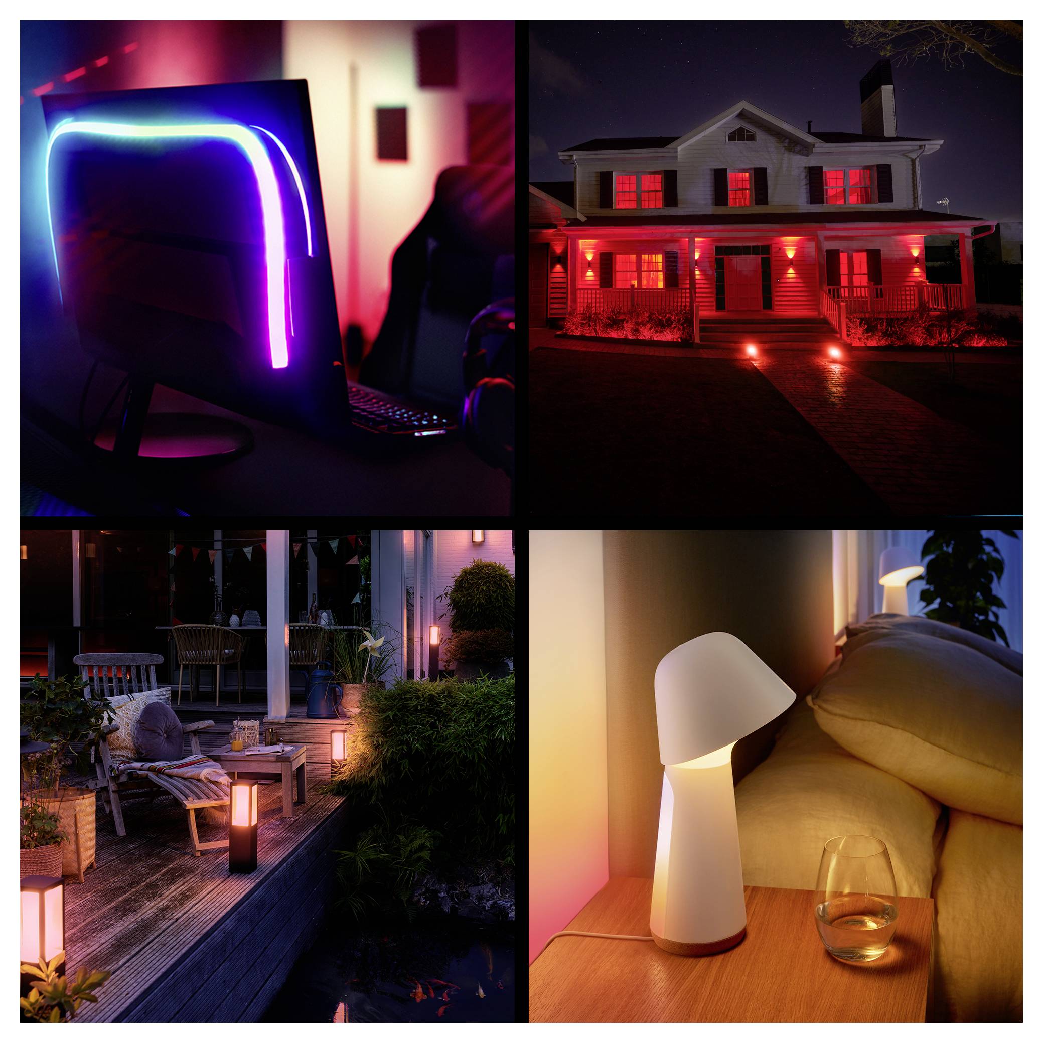 Eine Collage von Szenen: Ein leuchtender Gaming-Laptop, eine beleuchtete Hausaußenseite, eine gemütliche Terrasse mit warmem Licht und eine moderne Lampe im Innenraum.