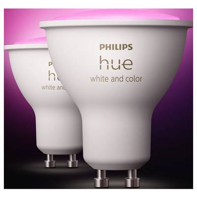 Zwei Philips Hue Smart-Lampen mit der Bezeichnung "White and Color", entwickelt für einstellbare Beleuchtung.