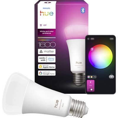 Philips Hue smarte Glühbirne mit farbigen Beleuchtungsoptionen, dargestellt auf einer Smartphone-App-Oberfläche, kompatibel mit Alexa, Apple Home und Google Home.