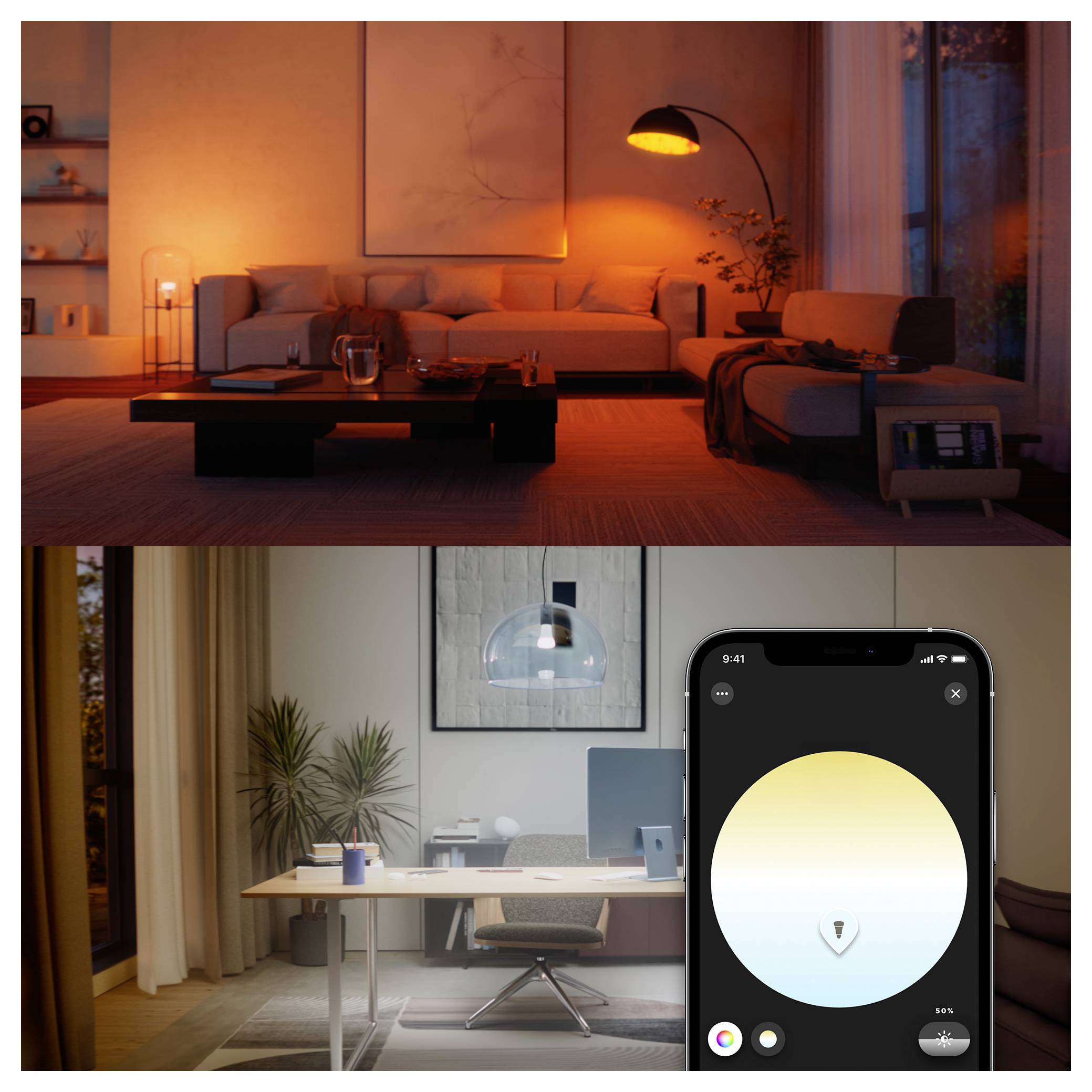 Zwei Räume: oben mit warmer, orangefarbener Beleuchtung und gemütlicher Couch; unten in kühler, blauer Beleuchtung mit einem modernen Büro-Setup, das eine Beleuchtungs-App auf einem Smartphone präsentiert.