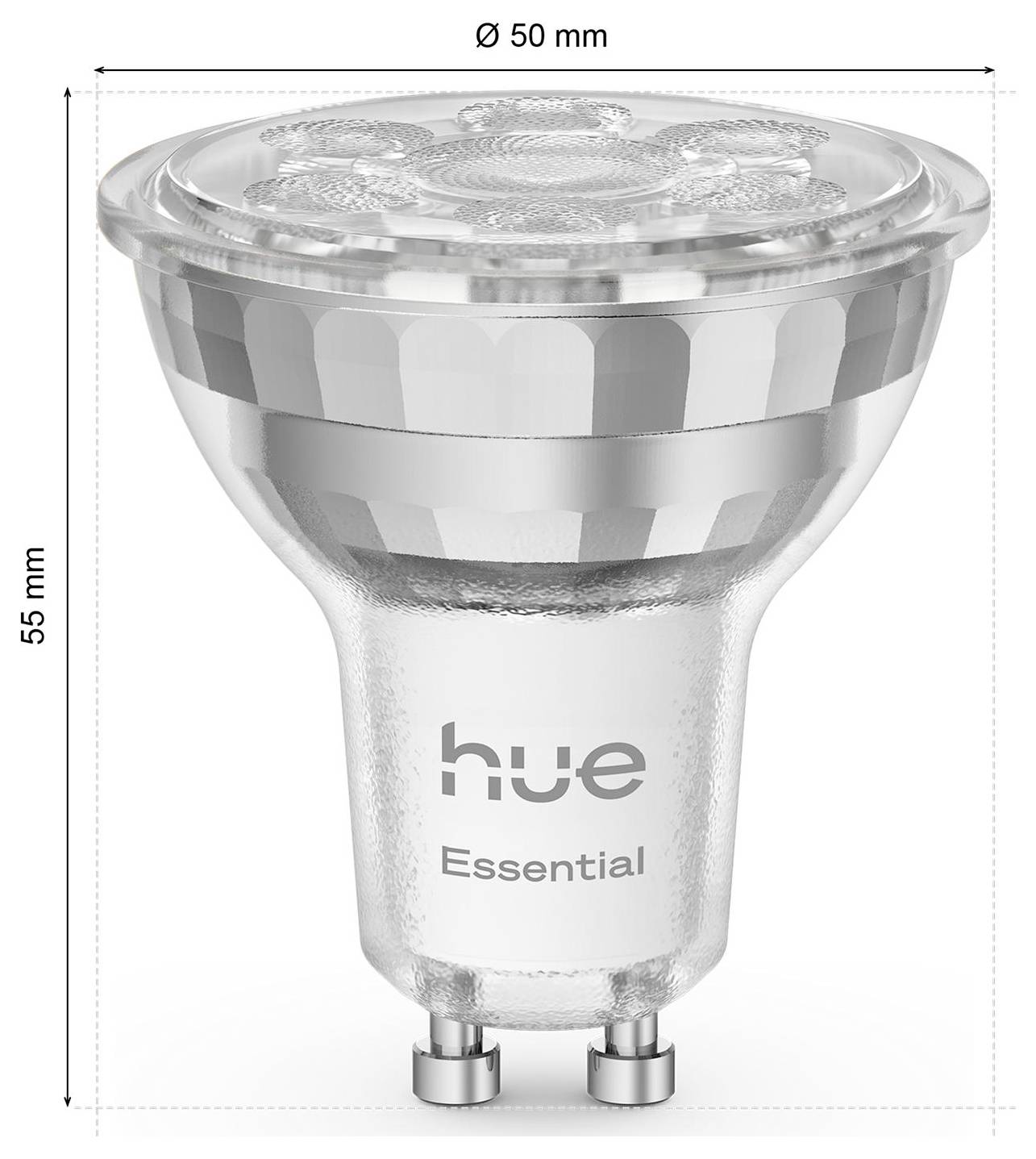 Eine transparente LED-Lampe mit der Bezeichnung 'Hue Essential', mit Abmessungen von 55 mm Höhe und 50 mm Durchmesser, ausgestattet mit einer GU10-Sockel.