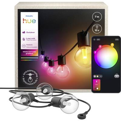 Philips Hue Außen-Lichterkette in Verpackung, präsentiert bunte Glühbirnen und Smart-App-Steuerung mit verstellbaren Farboptionen.
