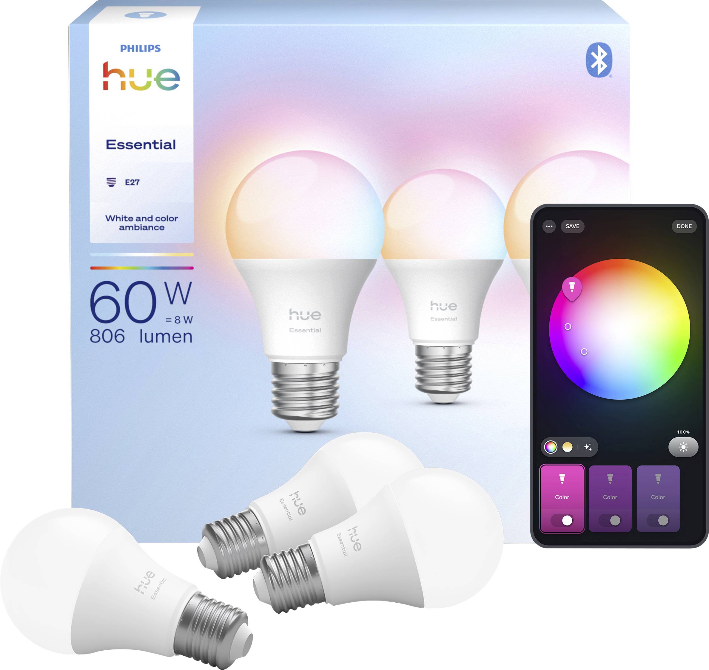 Philips Hue Essential Smart-Glühbirnen mit E27-Sockel, dargestellt mit Smartphone-App-Oberfläche zur Farbsteuerung und Helligkeitsanpassung.