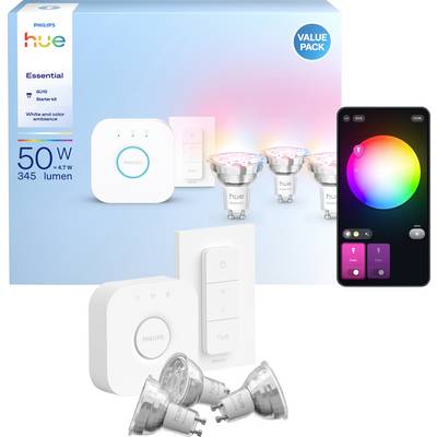 Philips Hue Essential Duo Starter Kit: Enthält Hue Bridge, Fernbedienung und zwei Smart-Glühbirnen. Steuern Sie Farben und Helligkeit über die App.