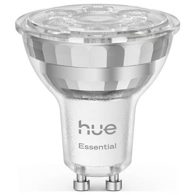 Eine transparente LED-Glühbirne mit GU10-Sockel, beschriftet als 'hue Essential', mit silbernen Akzenten und strukturierter Oberfläche.