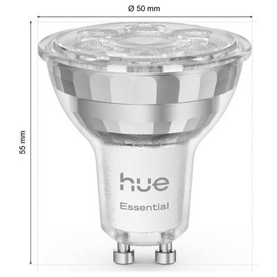 Eine LED-Glühbirne mit der Bezeichnung "hue Essential" wird gezeigt. Sie misst 50 mm im Durchmesser und 55 mm in der Höhe.