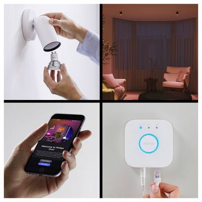 Eine Collage, die Folgendes zeigt: eine Person, die eine Smart-Glühbirne installiert; einen Raum mit sanfter Beleuchtung; eine Hand, die einen Smartphone-App-Bildschirm hält; ein Smart-Hub-Gerät.