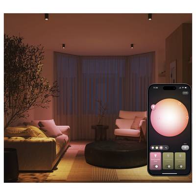 Ein gemütliches Wohnzimmer ist mit warmem, ambientem Licht beleuchtet. Ein Smartphone-Bildschirm zeigt eine App zum Einstellen der Lichtfarbe und -intensität.