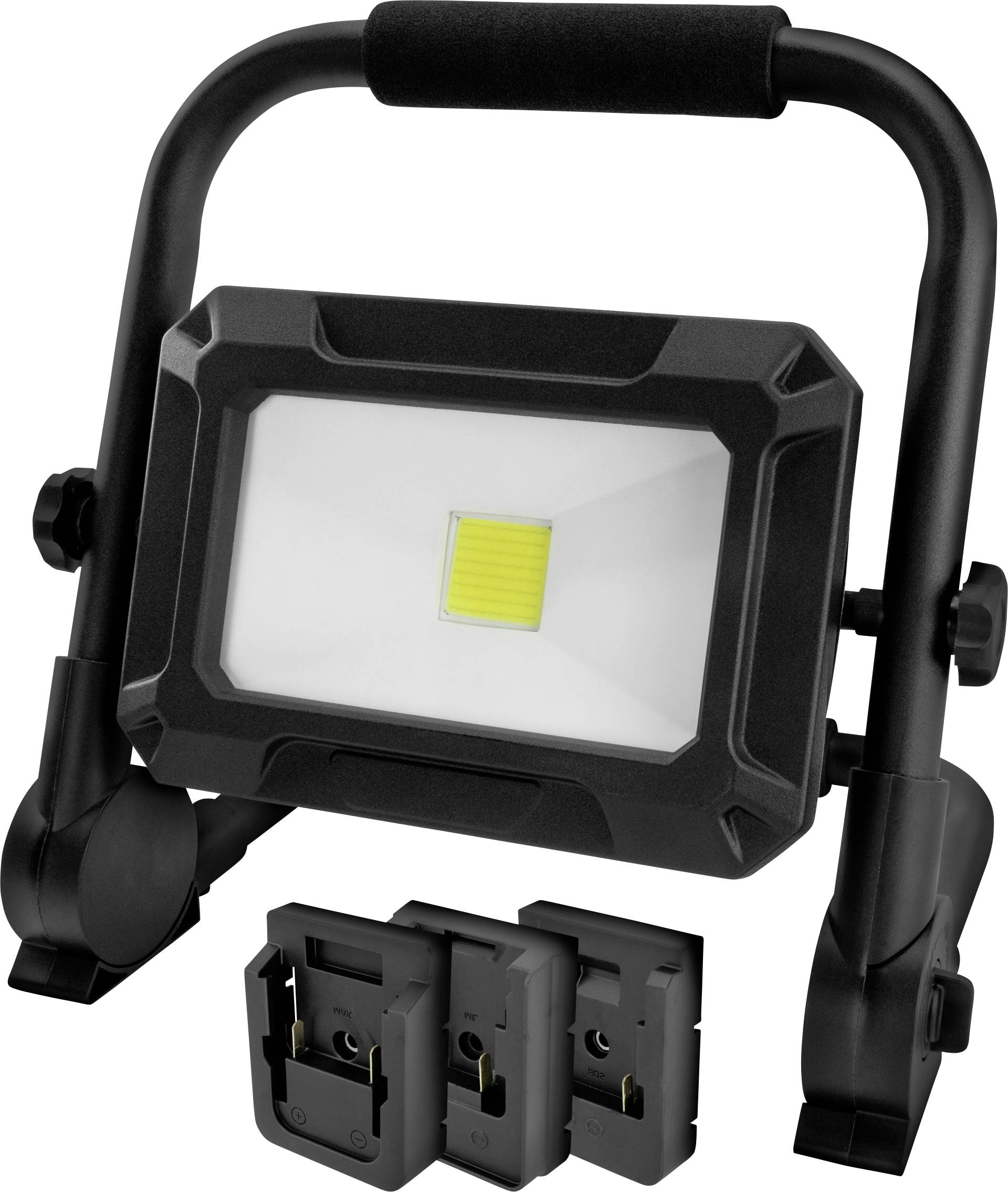 Tragbare LED-Arbeitsleuchte mit Griff und zwei abnehmbaren Akkupacks, konzipiert für den Einsatz im Freien und in Innenräumen und sorgt für helle Beleuchtung.