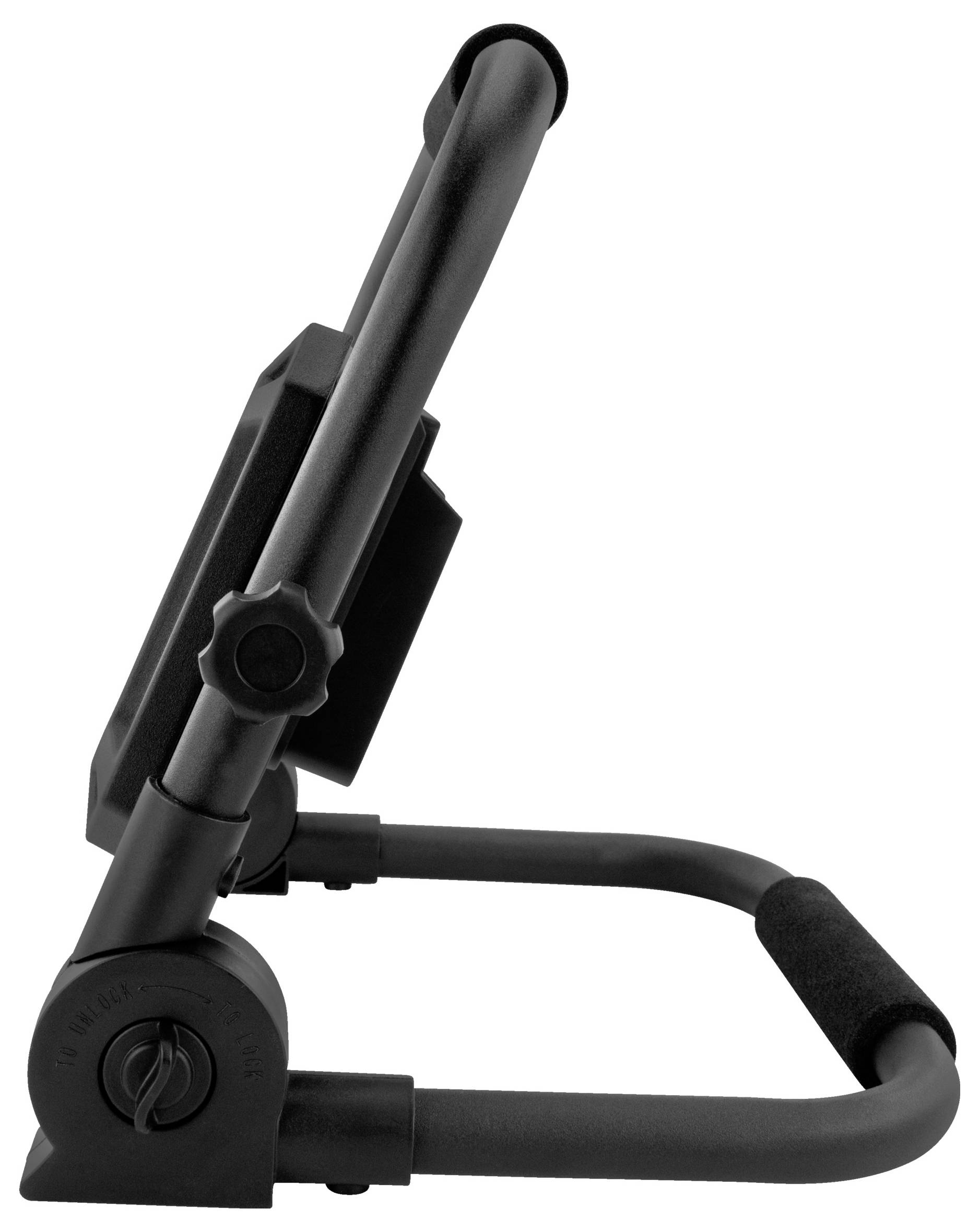 Ein schwarzer, verstellbarer tragbarer Laptopständer aus der Seitenansicht, der Gelenke und einen Griff zeigt und für ergonomische Nutzung auf ebenen Oberflächen konzipiert ist.