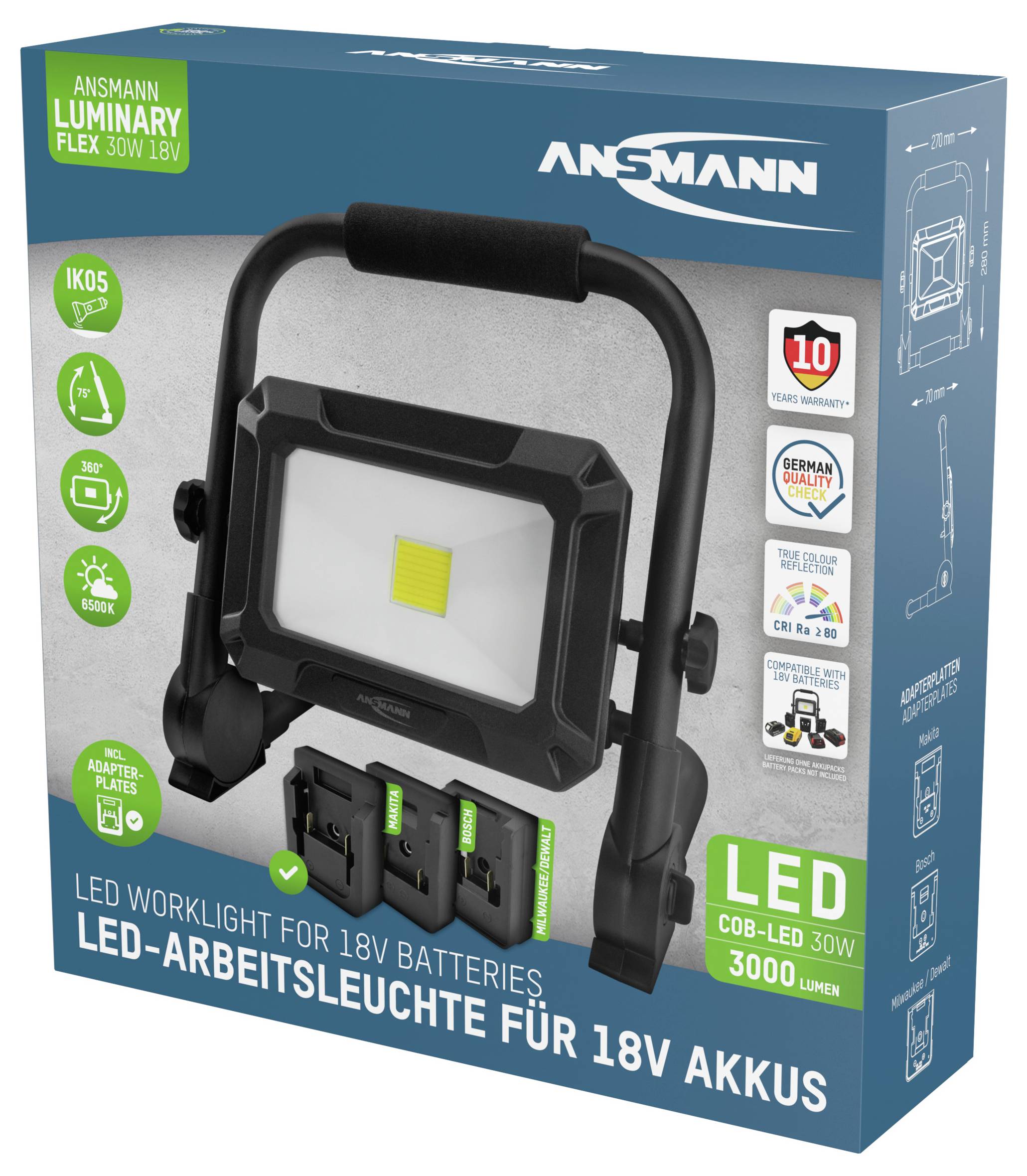 Ansmann Luminary Flex 30W 18V LED-Arbeitsleuchte<br><br>Eigenschaften:<br>- 3000 Lumen<br>- COB-LED 30W<br>- Schutzart IP65<br>- Adapterplatte