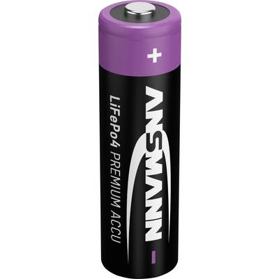 Eine lila und schwarze zylindrische Batterie mit der Beschriftung "LiFePo4 PREMIUM ACCU" und einem Pluszeichen, das den positiven Pol kennzeichnet.