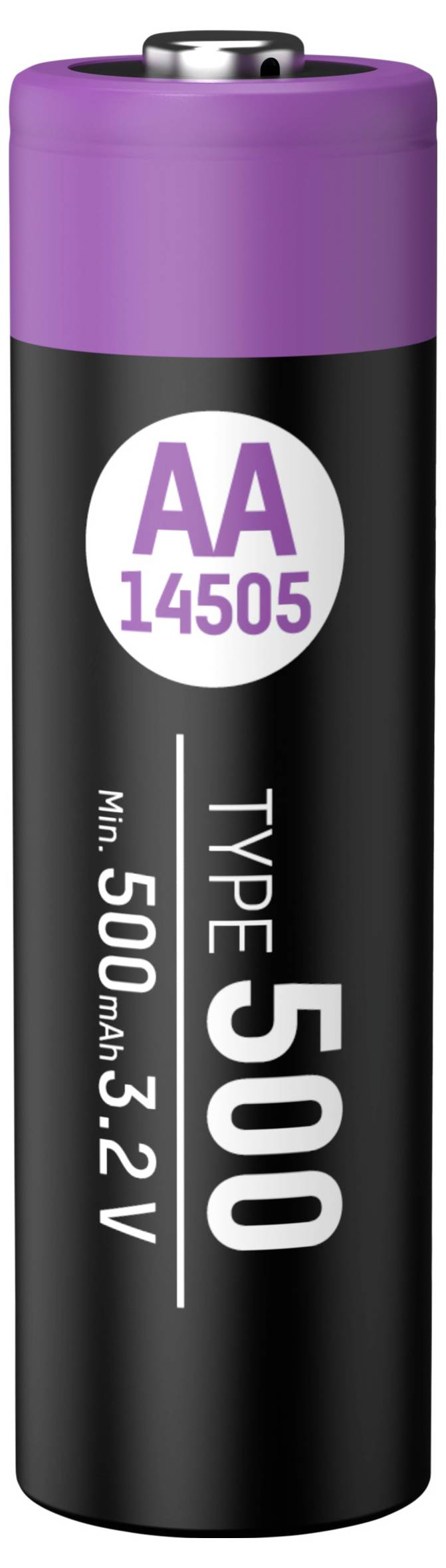 Eine schwarze und lila AA-Batterie, gekennzeichnet als Typ 500, mit einer Mindestkapazität von 500 mAh und 3,2 Volt, markiert als 14505.