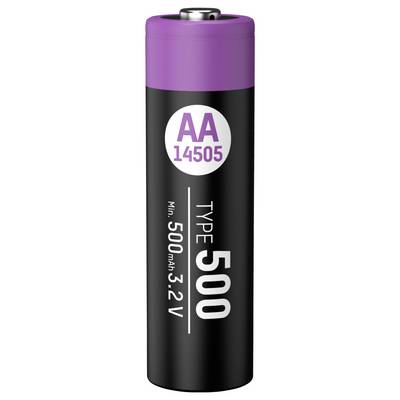 Eine schwarze und lila AA-Batterie, gekennzeichnet als Typ 500, mit einer Mindestkapazität von 500 mAh und 3,2 Volt, markiert als 14505.