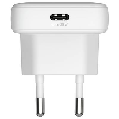Weißer USB-C-Wandladegerät, beschriftet mit max. 30W, mit europäischem Steckertyp.