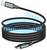 Ein aufgerolltes USB-Kabel mit blau leuchtender Beleuchtung, das Datentransfer symbolisiert und USB-C-Anschlüsse an beiden Enden aufweist.