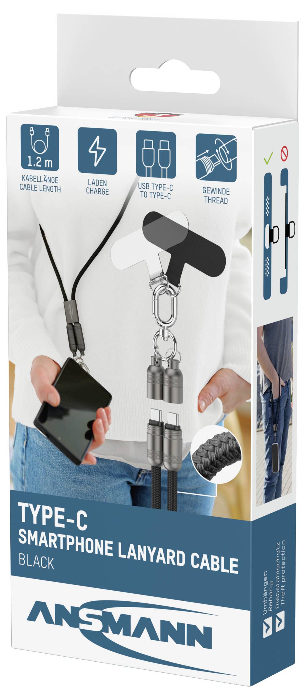 Ladekabel Typ-C für Smartphones, Schwarz - Verpackung mit 1,2-Meter-Kabel, Lade- und Datenübertragungssymbol sowie Smartphone-Halterungsabbildung