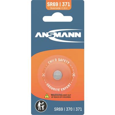 ANSMANN SR69 Batterie-Verpackung mit Kindersicherheitswarnung. Silberoxid, 1,55V. Enthält Symbol zum Aufbewahren außerhalb der Reichweite von Kindern.
