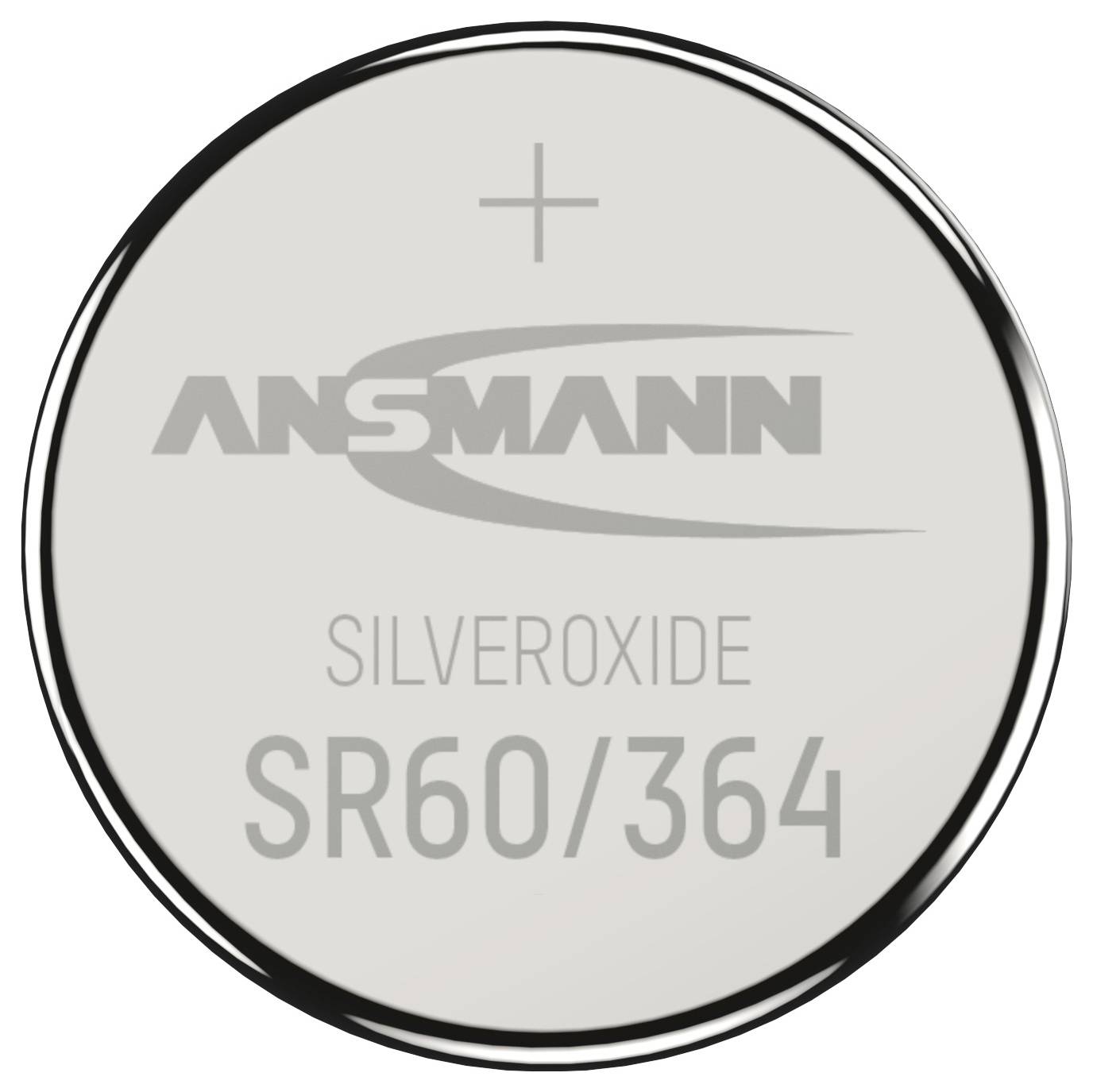 Eine runde Silberoxid-Batterie mit der Beschriftung "ANSMANN SILVER OXIDE SR60/364" mit einem Pluszeichen an der Oberseite, das den positiven Pol kennzeichnet.