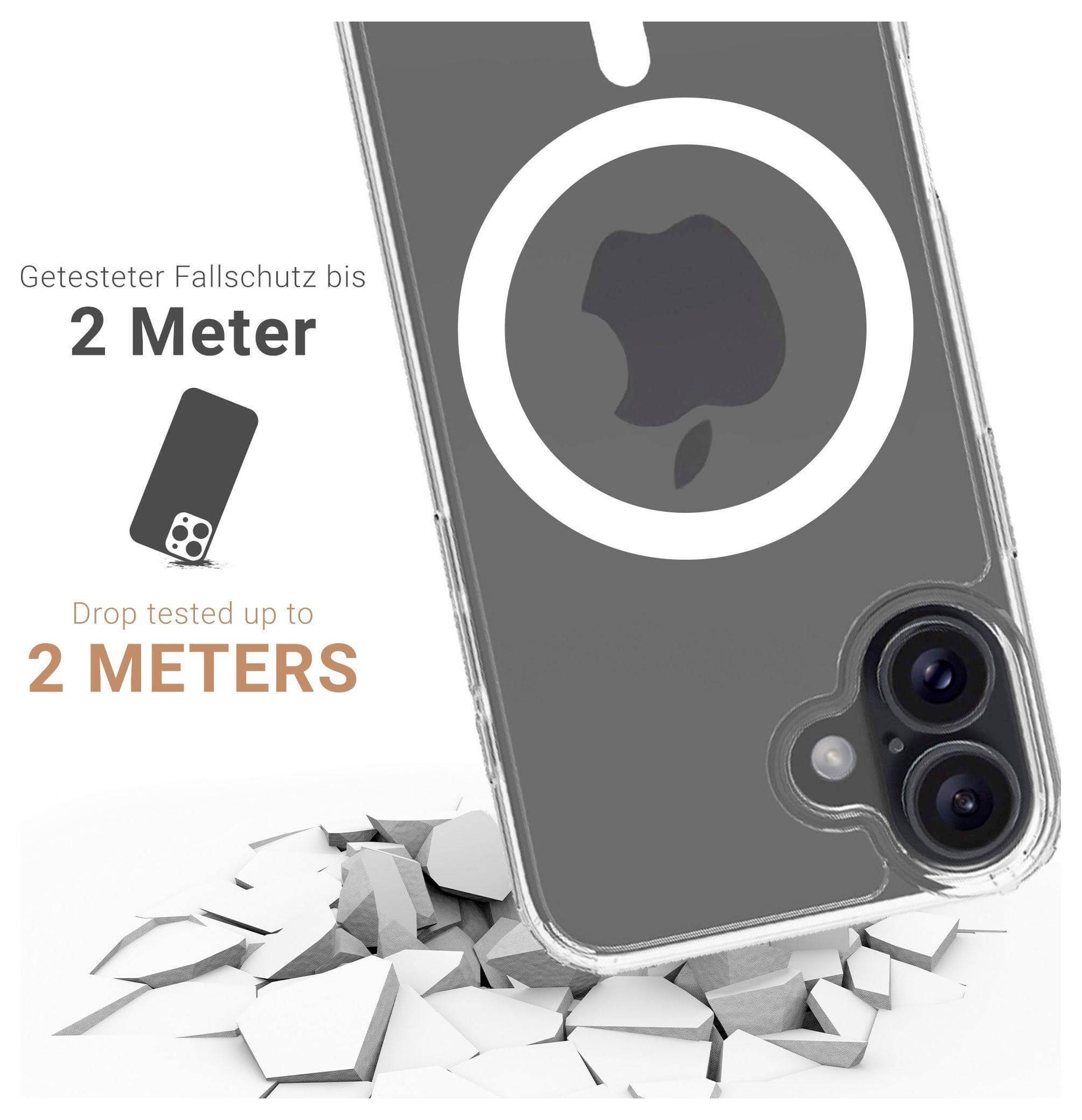 Handyhülle mit Apple-Logo auf einer gerissenen Oberfläche gezeigt. Text lautet: "Fallgetestet bis zu 2 METER." Hülle betont Widerstandsfähigkeit.