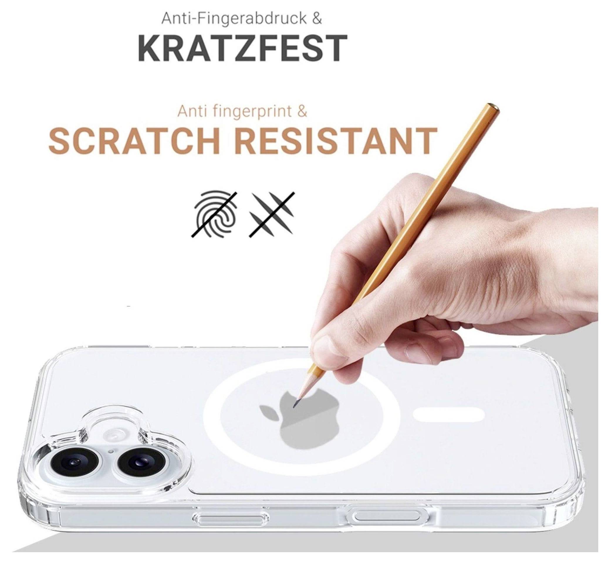 Transparente Handyhülle mit Aufschriften "Fingerabdruck-Schutz & Kratzfest". Eine Hand testet die Haltbarkeit mit einem Bleistift auf der Hülle.
