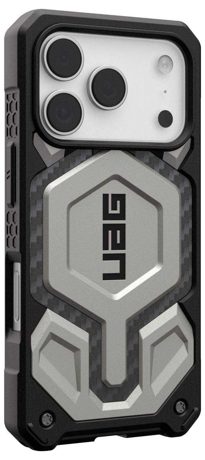 Eine Schutz-Smartphonehülle mit robustem Design, die ein metallisches und schwarzes geometrisches Muster aufweist und das UAG-Logo präsentiert.