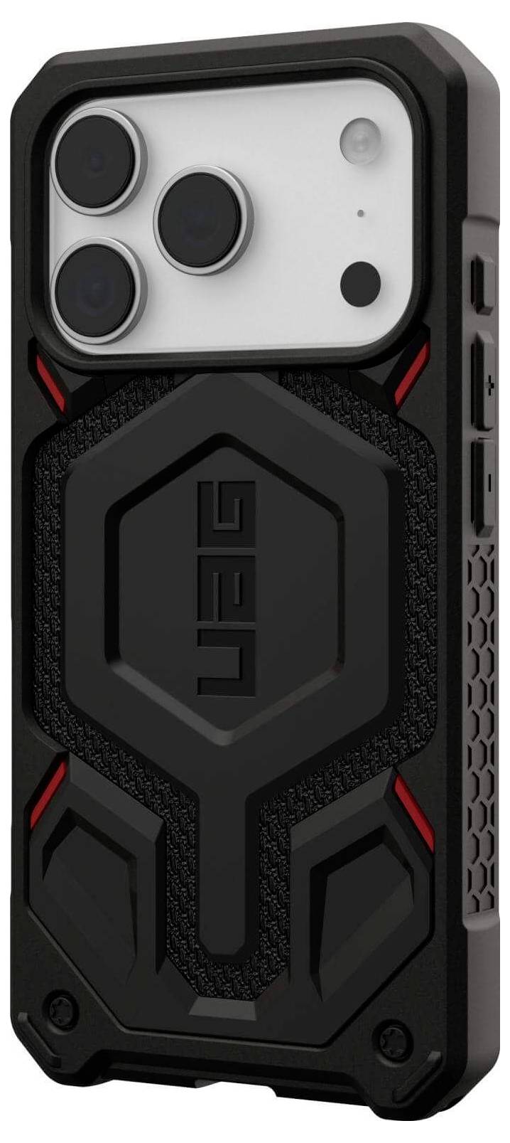Ein robustes schwarzes Smartphone-Gehäuse mit geometrischem Design und roten Akzenten, das das 'UAG' Logo trägt und für Smartphones mit mehreren Kameras entwickelt wurde.