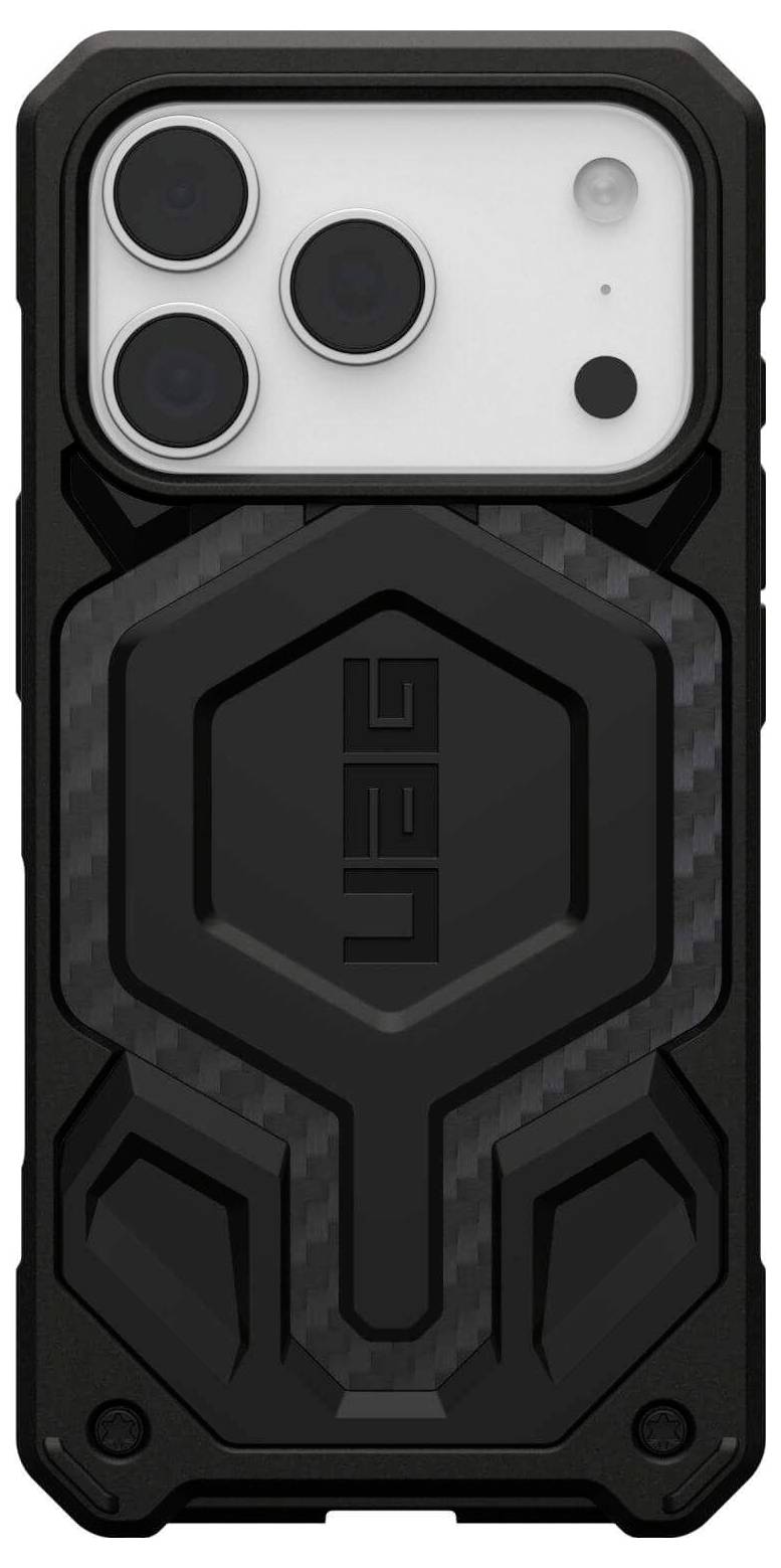 "Eine Handyhülle mit einem robusten schwarzen Design, einem markanten Winkel-Muster und dem Akronym „UAG" auf der Rückseite geprägt."