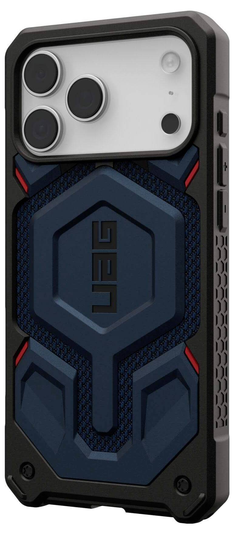 Ein robustes Smartphone-Gehäuse mit einem sechseckigen und strukturierten Design, das drei Objektivöffnungen und das Markenlogo 'UAG' in der Mitte zeigt.