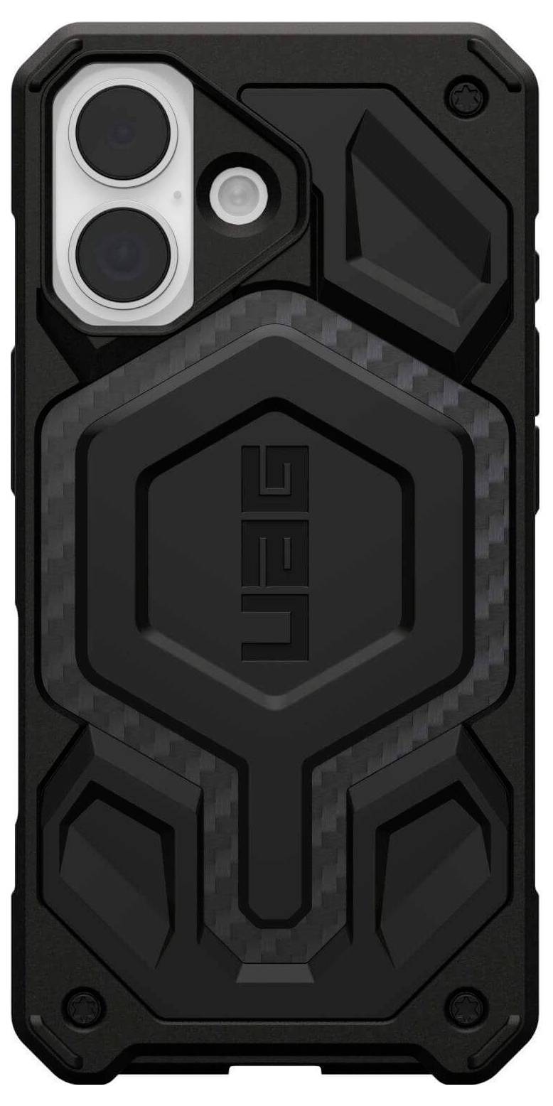 Ein robustes schwarzes Handygehäuse mit geometrischem Design und 'UAG' Branding, das präzise Aussparungen für Kamera und Tasten aufweist.