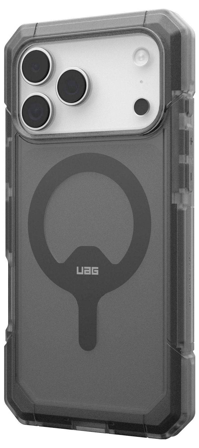 Ein robustes Smartphone-Gehäuse mit einem kreisförmigen MagSafe-Design, das drei Kameraausschnitte aufweist, markiert mit 'UAG'. Geeignet für iPhone.