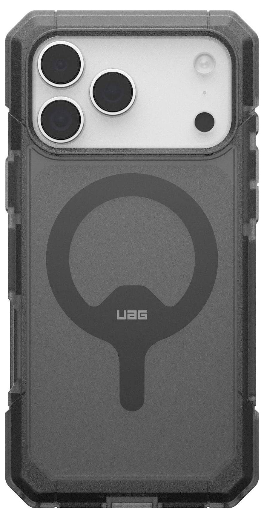 Eine robuste schwarze Handyhülle, entwickelt für Stoßdämpfung, mit drei Aussparungen für die Rückkameras, ausgestattet mit einem kreisförmigen MagSafe-Bereich und Markenlogo.