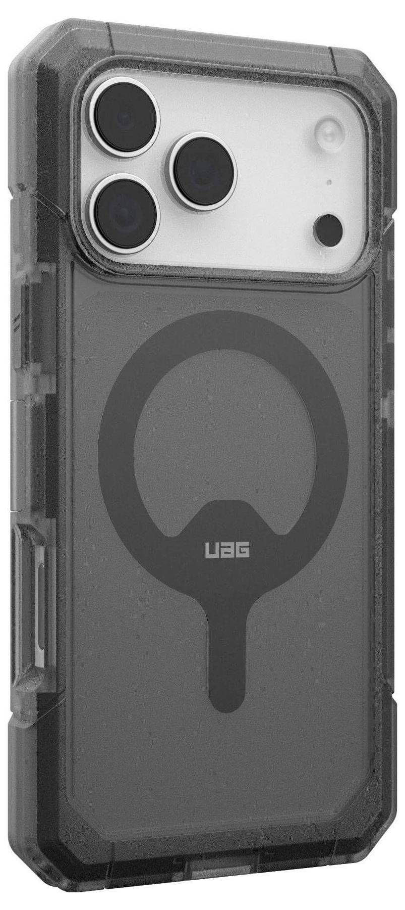 Ein robustes, transparentes Smartphone-Gehäuse mit verstärkten Ecken und einem sichtbaren kreisförmigen Magnetdesign auf der Rückseite, mit der Aufschrift „UAG".