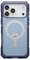 Ein Smartphone mit einer blauen transparenten Schutzhülle, die drei Kameraobjektive und ein zentrales Kreisdesign auf der Rückseite zeigt.