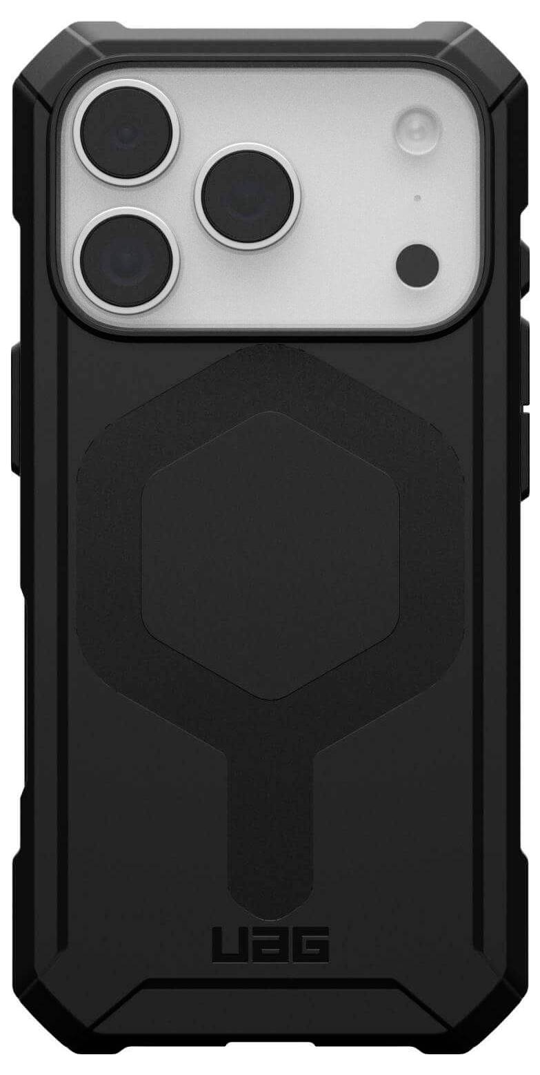 Robustes schwarzes Smartphone-Gehäuse mit hexagonalem Design und schützenden Ecken, speziell entwickelt, um ein Smartphone mit drei Kameraobjektiven zu passen und zu schützen.