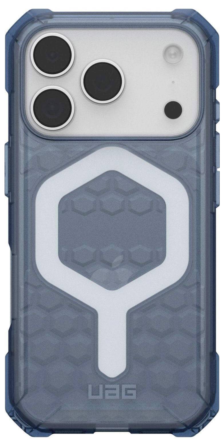 Ein Smartphone mit einer blauen, robusten Schutzhülle mit sechseckigem Muster, die drei Kameraobjektive und das UAG-Logo aufweist.