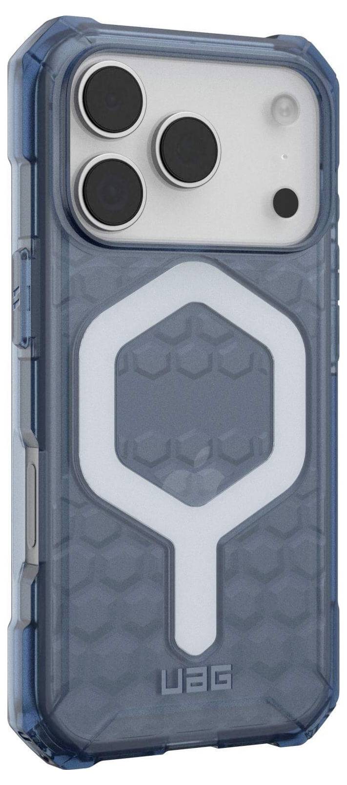 Eine blaue Handyhülle mit transparentem Rückteil wird gezeigt, die ein sechseckiges Muster, ein auffälliges weißes Ringdesign und Markierungstext aufweist.