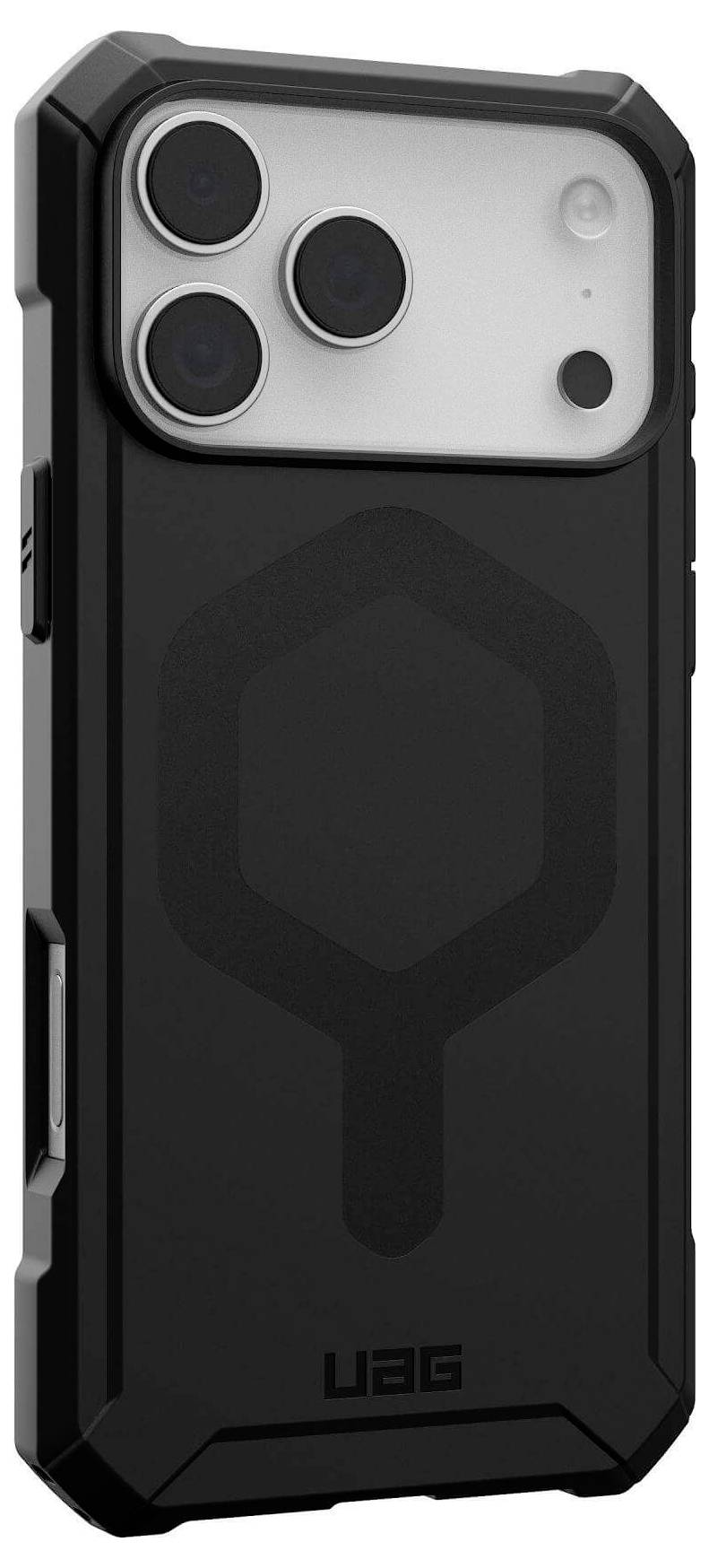 Ein robustes schwarzes Smartphone-Gehäuse mit einem geometrischen Muster auf der Rückseite, das ein Design mit verstärkten Ecken und Kanten für einen verbesserten Schutz umfasst.