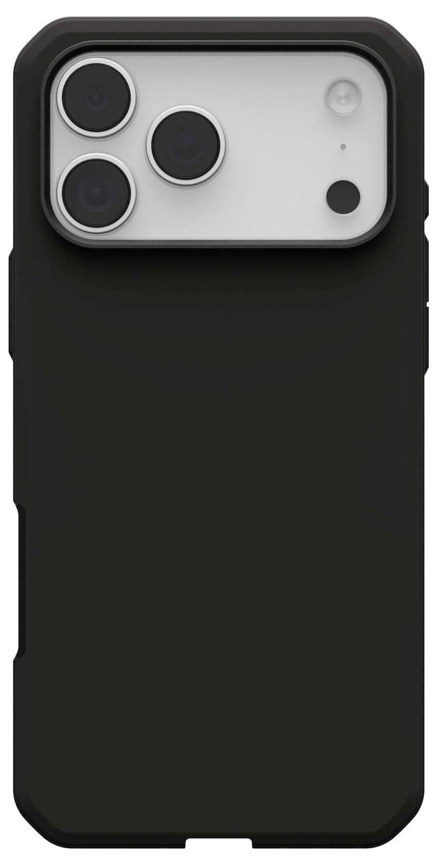 Schwarze Smartphone-Hülle mit mattem Finish, die drei Öffnungen für Kameraobjektive und eine für den Blitz in der oberen linken Ecke aufweist.