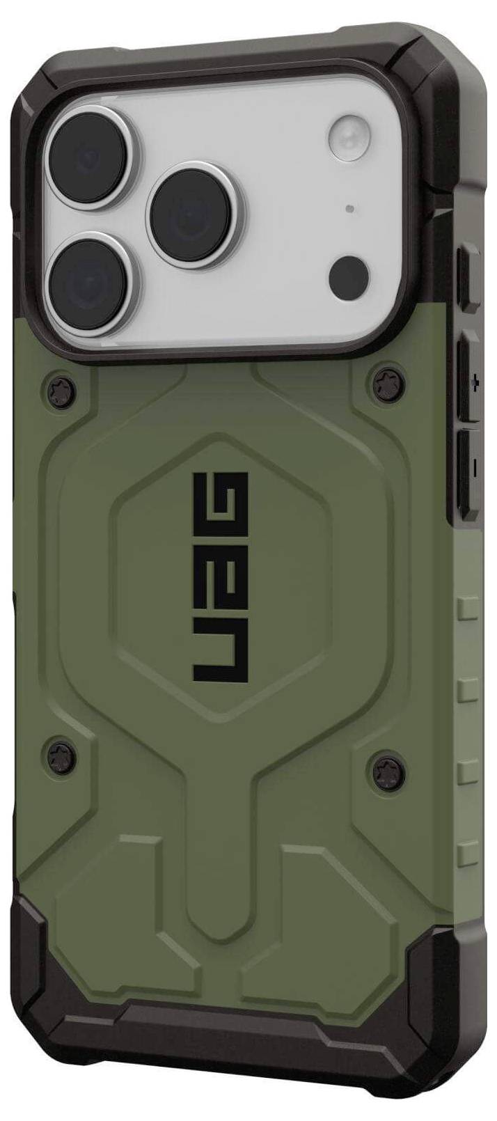 Ein robustes Smartphone-Gehäuse mit einem grün-schwarzen Design, auf dessen Rückseite 'UAG' prangt, entwickelt für Langlebigkeit und Schutz.