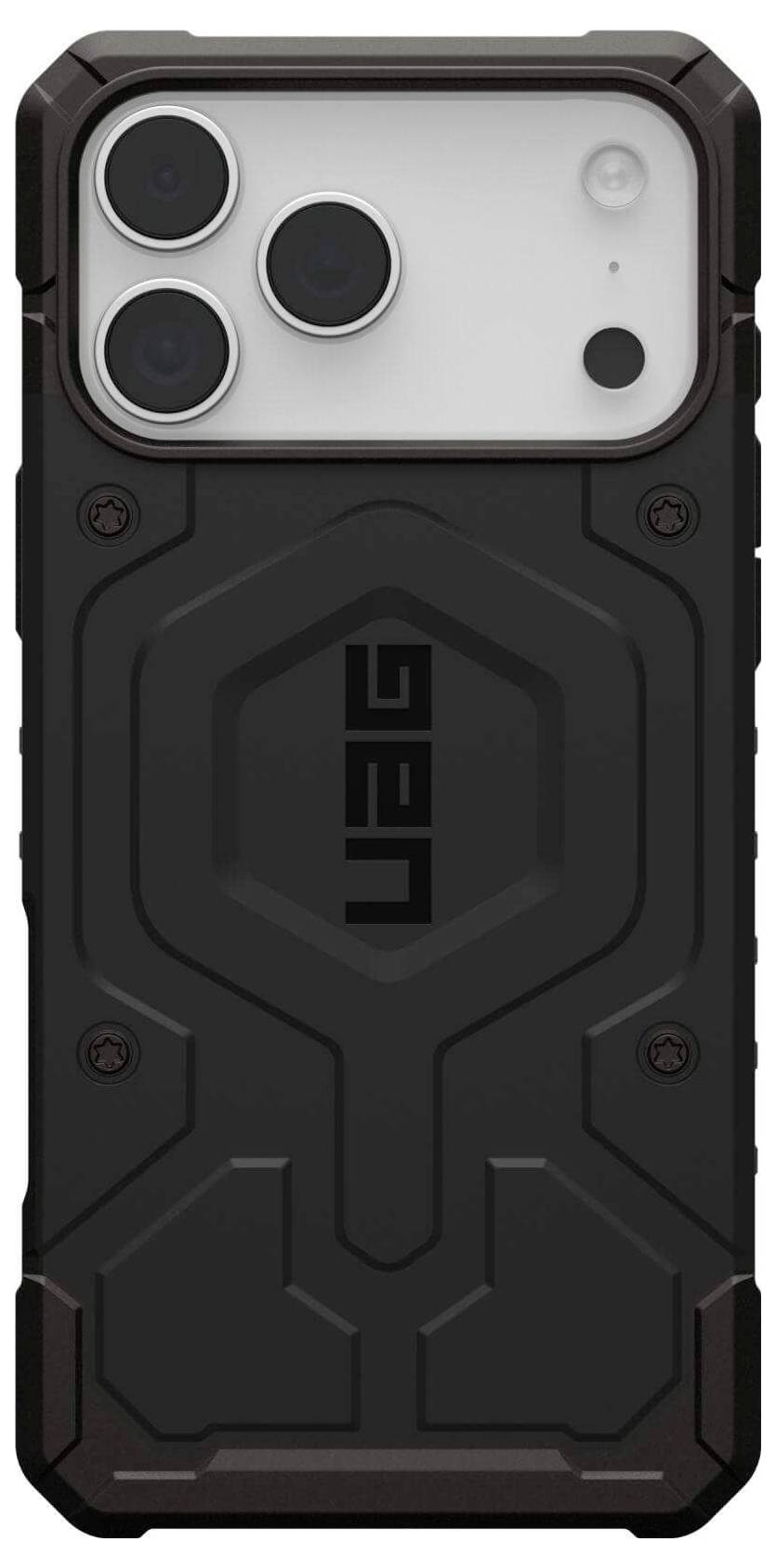 Ein robustes schwarzes Smartphone-Gehäuse mit drei Kameraobjektiven in der linken oberen Ecke. Das Gehäuse verfügt über ein sechseckiges Design mit festem Griff.