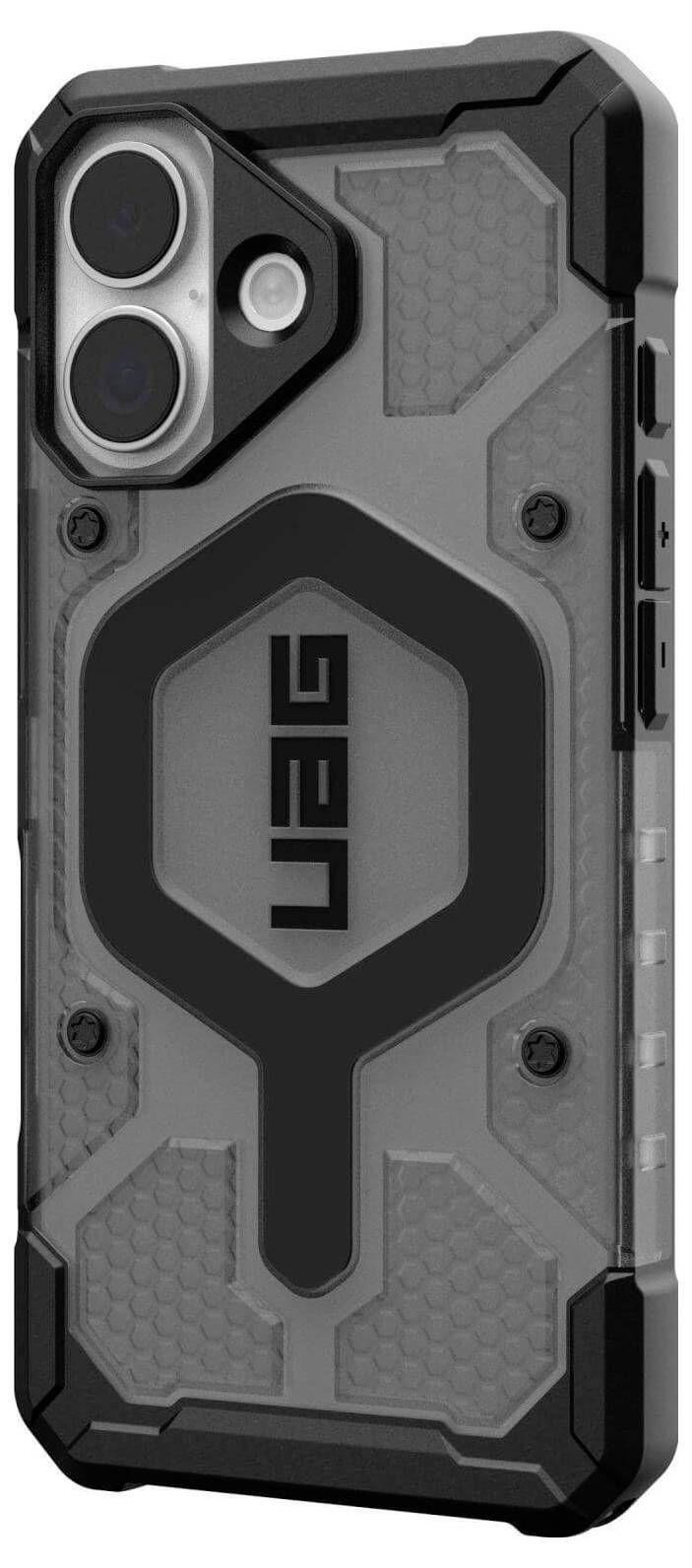 Eine robuste Handyhülle mit Aussparung für die Dual-Kamera, sechseckiger Textur und 'UAG' Logo, entwickelt für Haltbarkeit und Schutz.