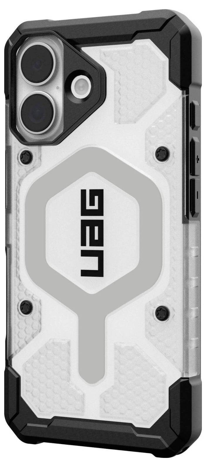 Ein robustes Smartphone-Gehäuse mit sechseckigem Design und verstärkten Ecken. Es verfügt über ein markiertes ‚UAG'-Logo auf der Rückseite.